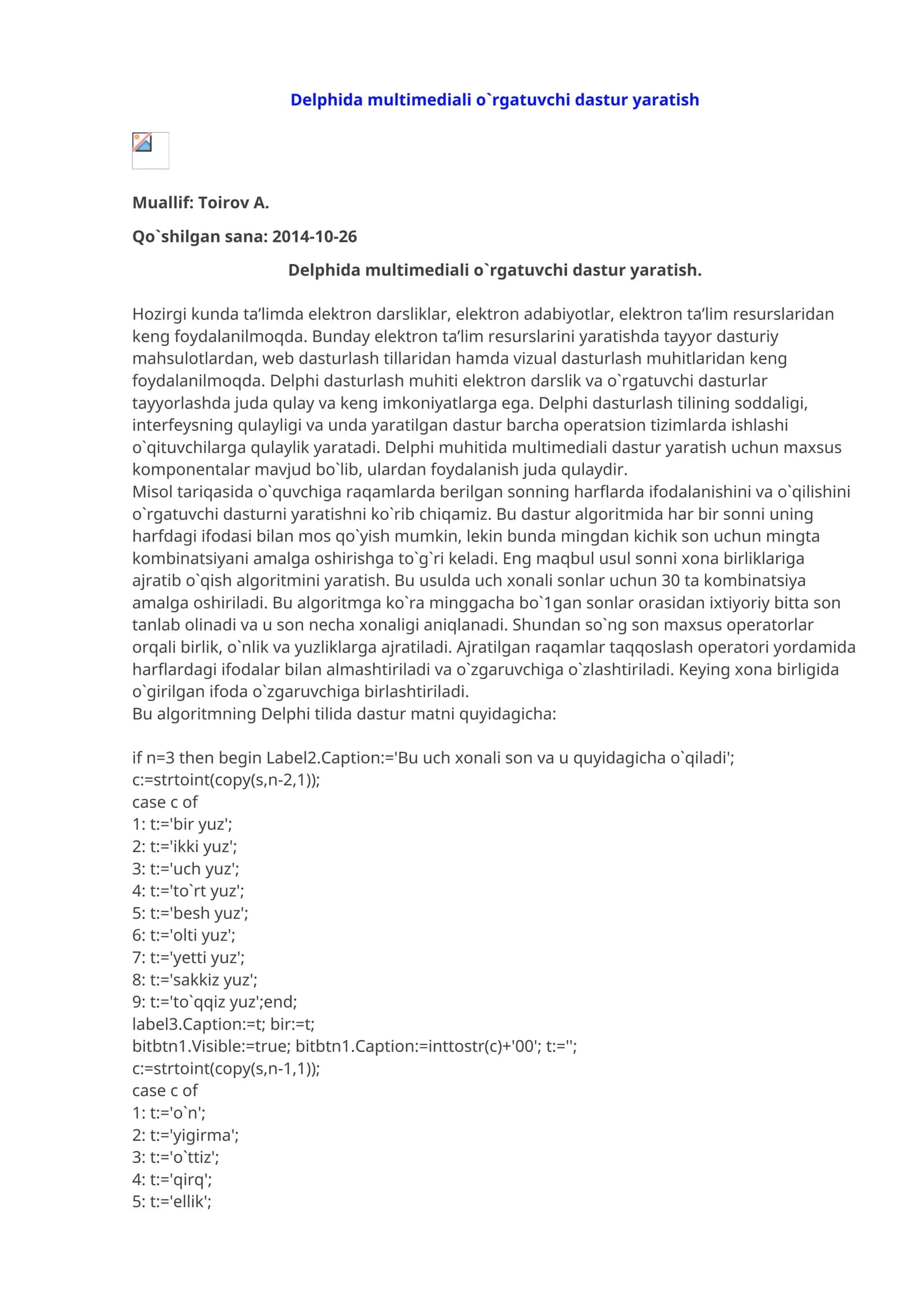 Delphida multimediali o`rgatuvchi dastur yaratish
