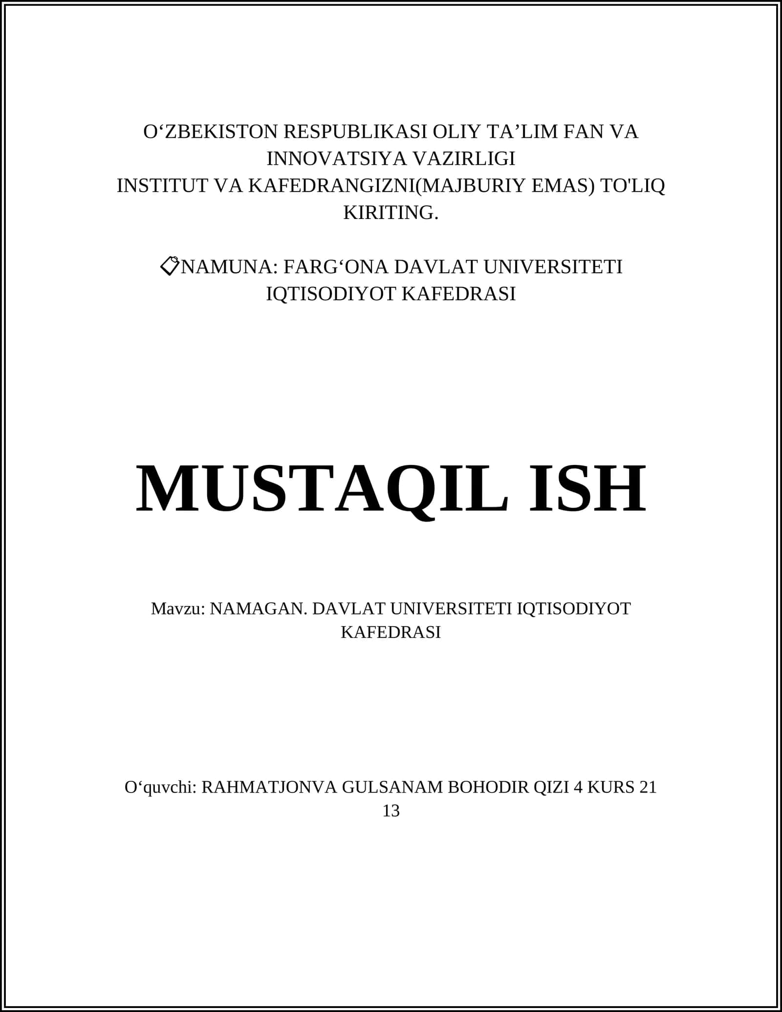 NAMAGAN. DAVLAT UNIVERSITETI IQTISODIYOT KAFEDRASI