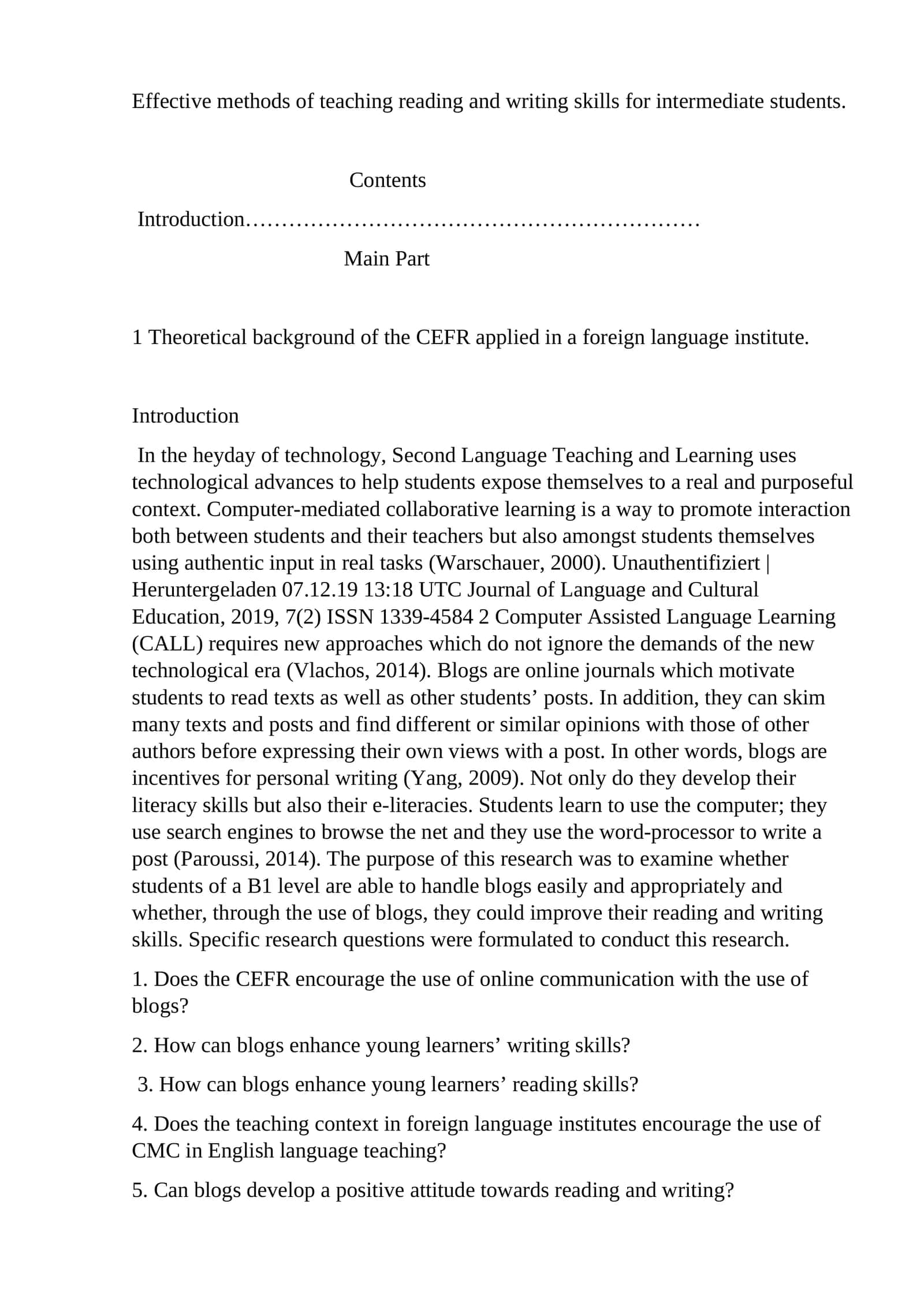 Effective methods of teaching reading and writing skills for intermediate students