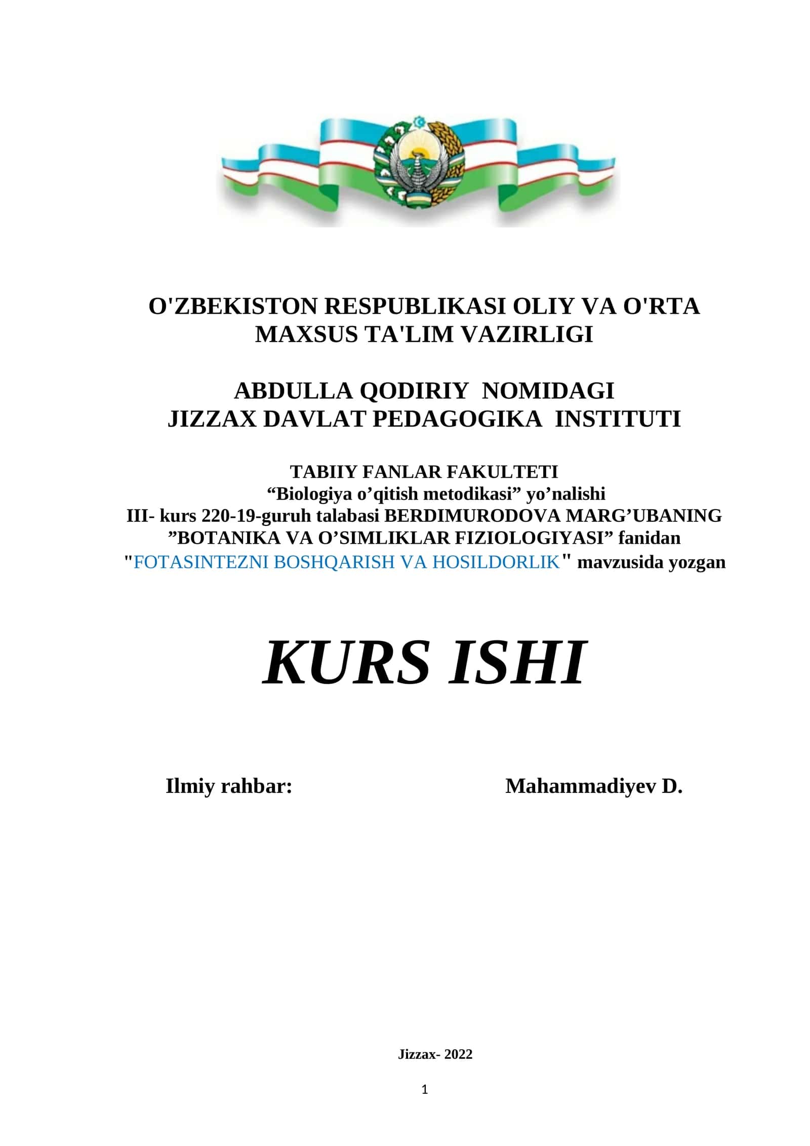 FOTASINTEZNI BOSHQARISH VA HOSILDORLIK