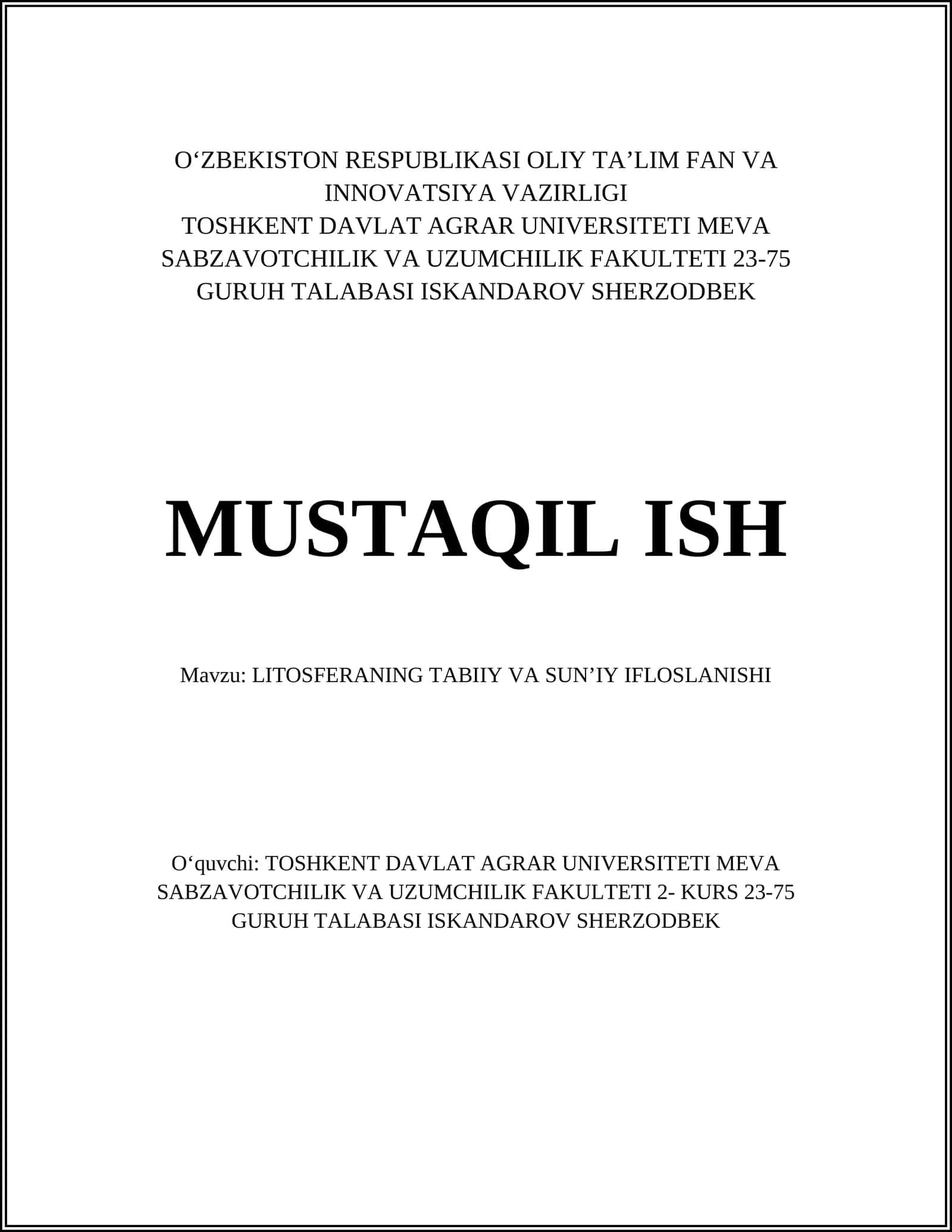 LITOSFERANING TABIIY VA SUNʼIY IFLOSLANISHI