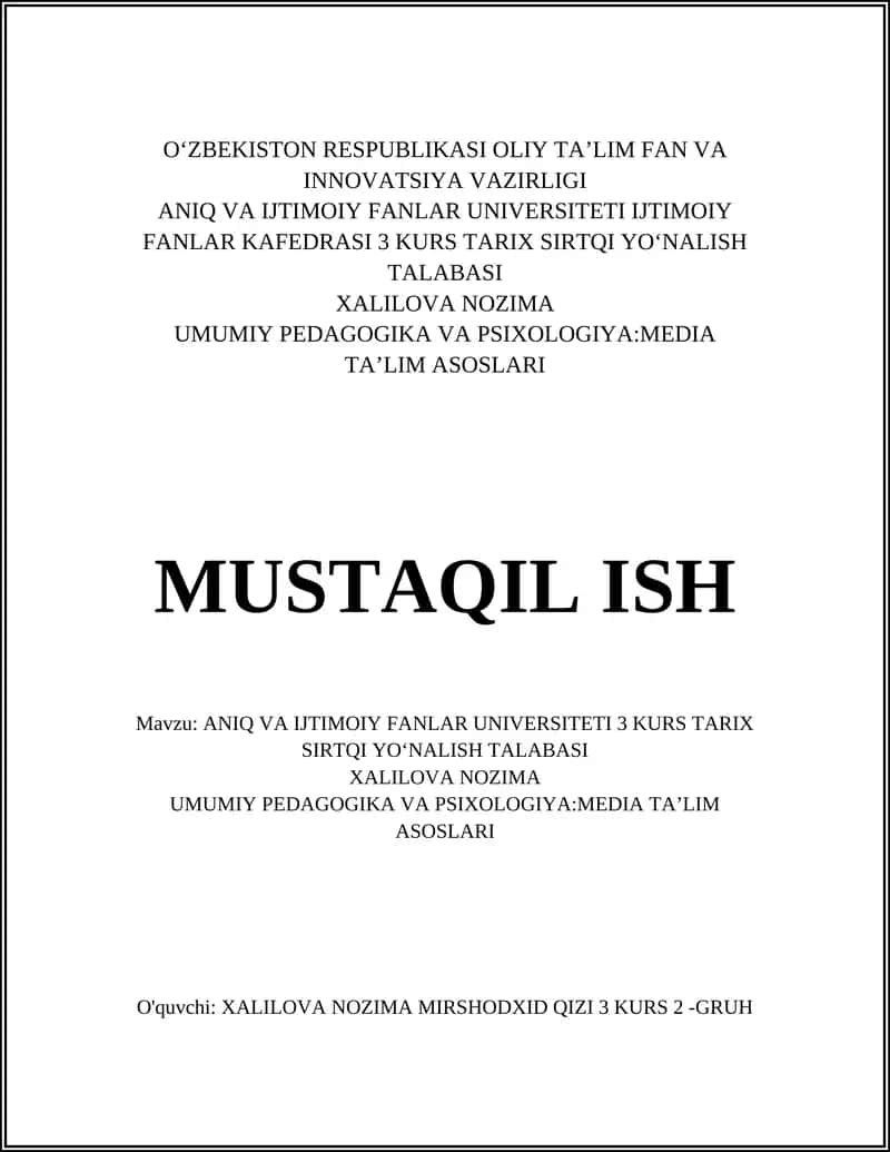 ANIQ VA IJTIMOIY FANLAR UNIVERSITETI 3 KURS TARIX SIRTQI YOʻNALISH TALABASI