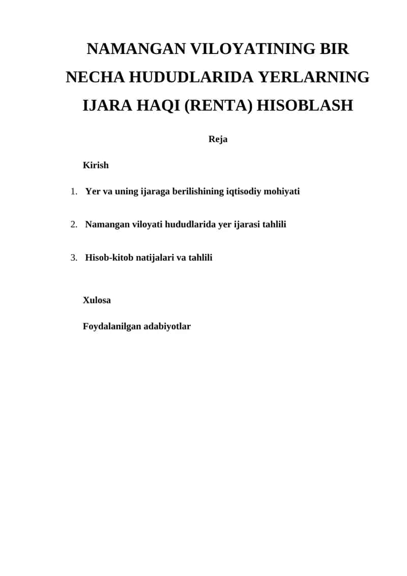 Yerlarning Ijara Haqi (Renta) Hisoblash