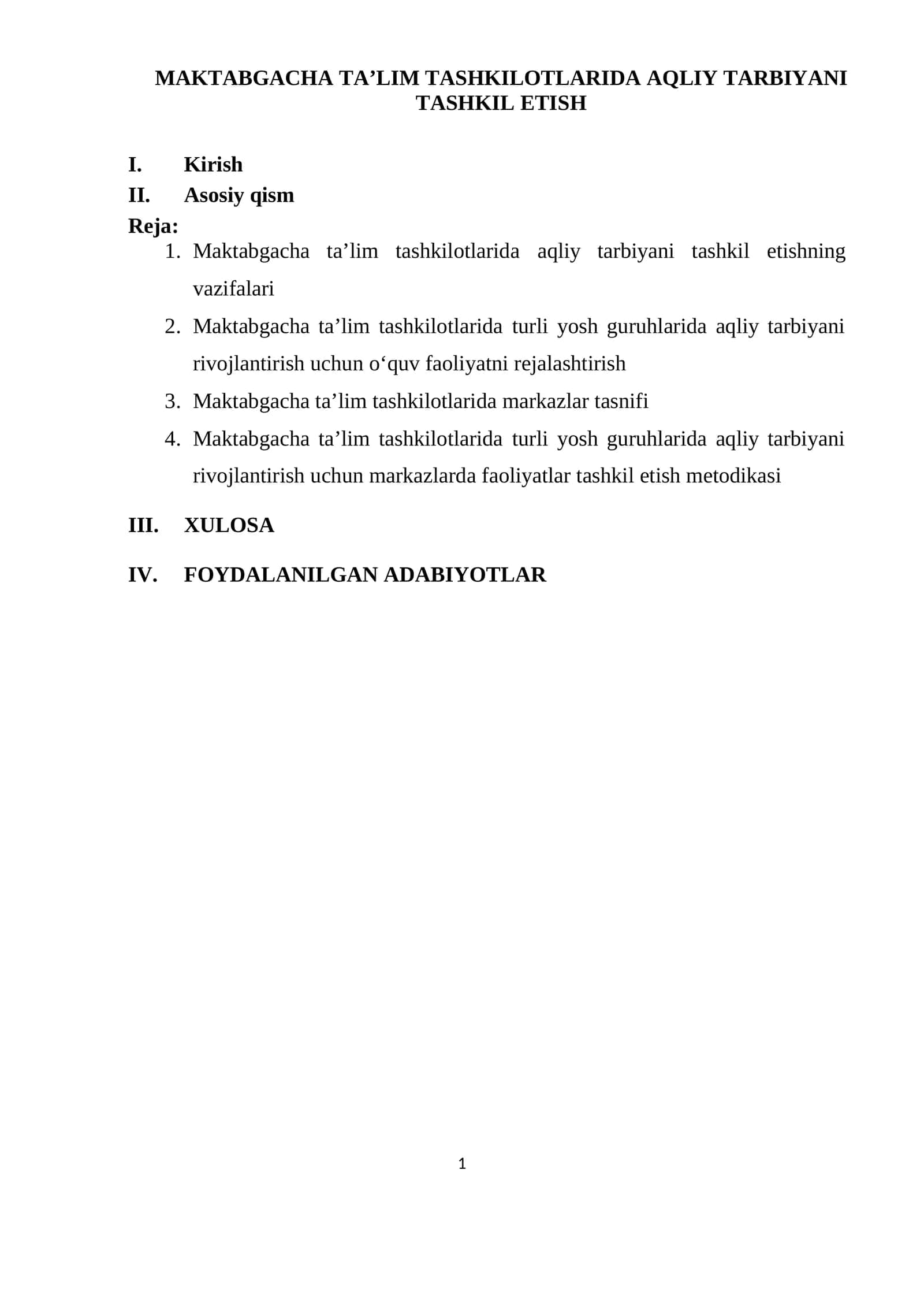 MAKTABGACHA TA’LIM TASHKILOTLARIDA AQLIY TARBIYANI TASHKIL ETISH