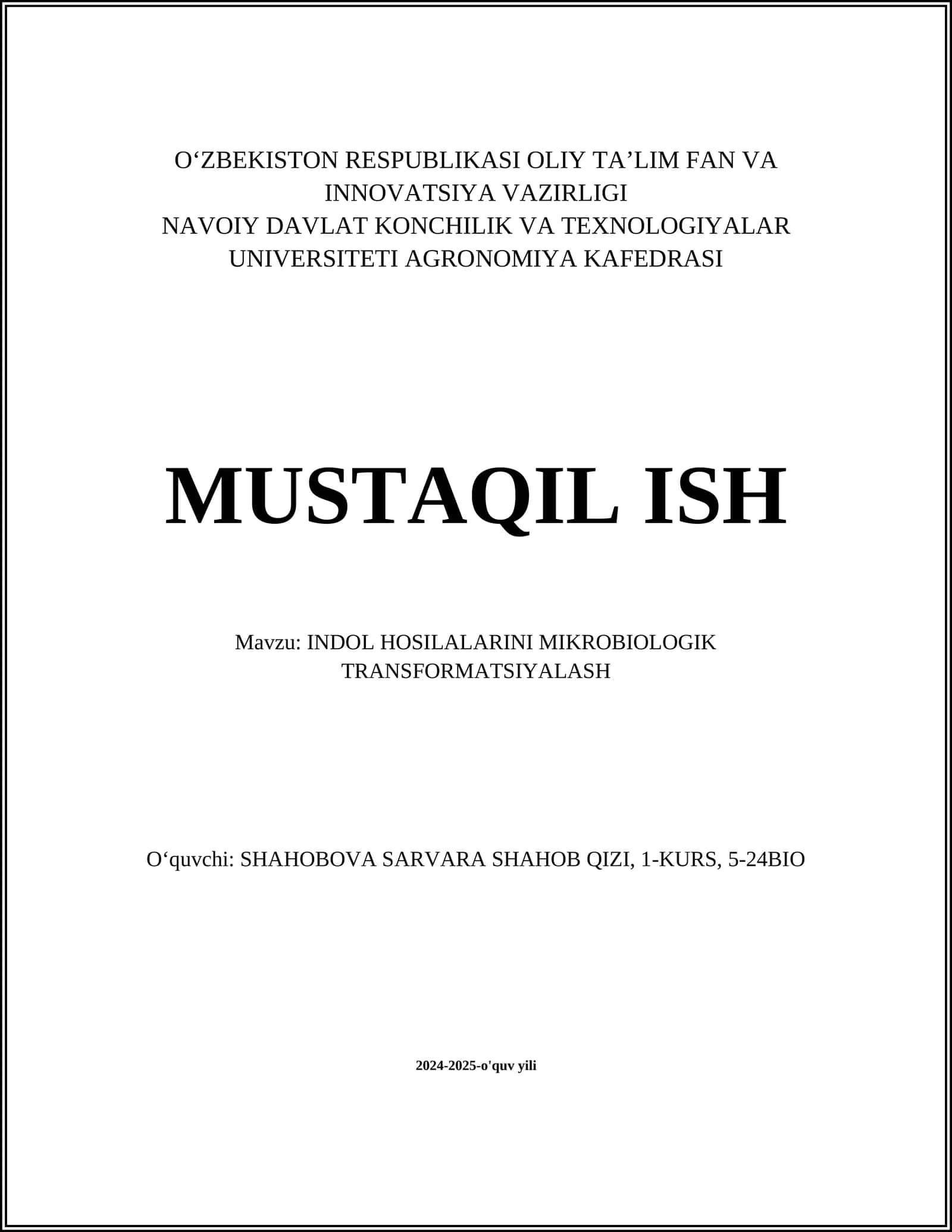 INDOL HOSILALARINI MIKROBIOLOGIK TRANSFORMATSIYALASH