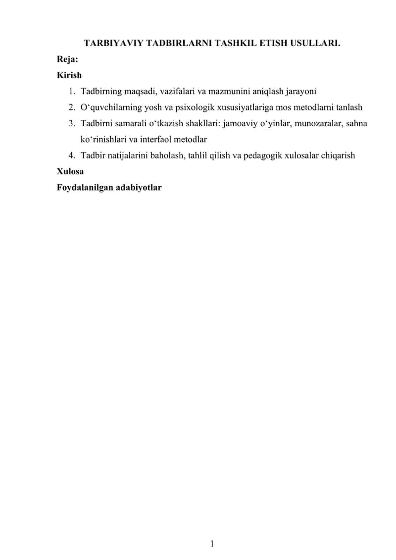 TARBIYAVIY TADBIRLARNI TASHKIL ETISH USULLARI