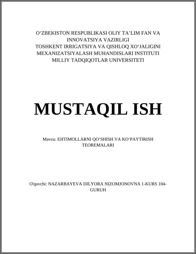 EHTIMOLLARNI QOʻSHISH VA KOʻPAYTIRISH TEOREMALARI