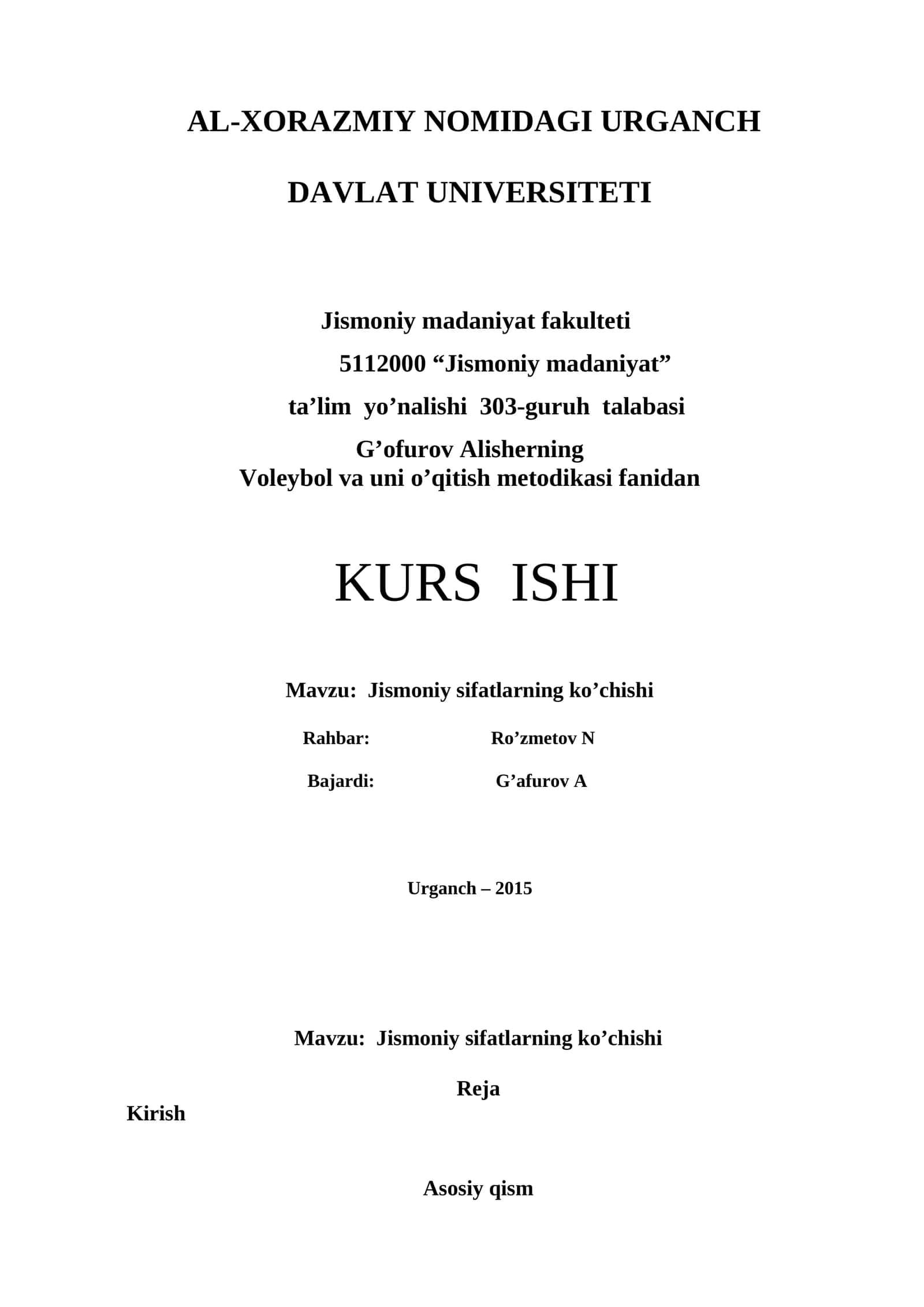 Voleybol va uni o’qitish metodikasi