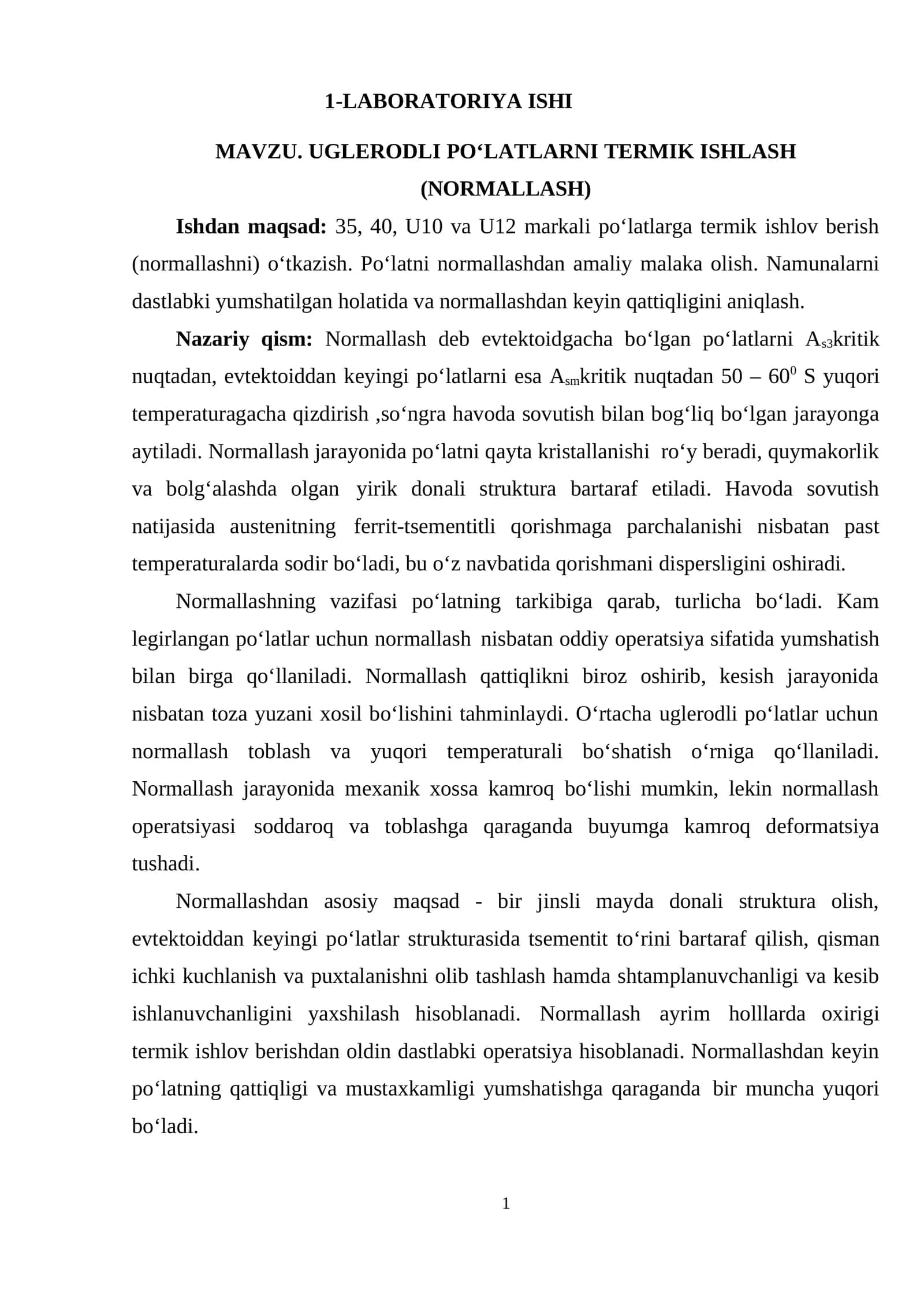 LABORATORIYA ISHI: UGLERODLI PO‘LATLARNI TERMIK ISHLASH (NORMALLASH)