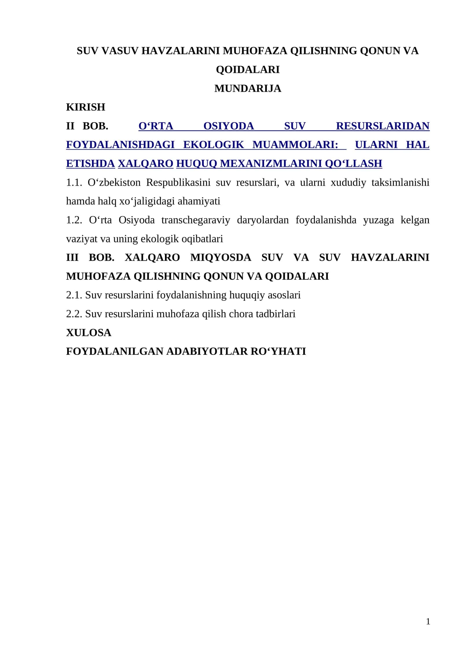 SUV VA SUV HAVZALARINI MUHOFAZA QILISHNING QONUN VA QOIDALARI