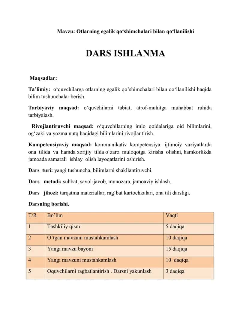 Otlarning egalik qo‘shimchalari bilan qo‘llanilishi DARS ISHLANMA