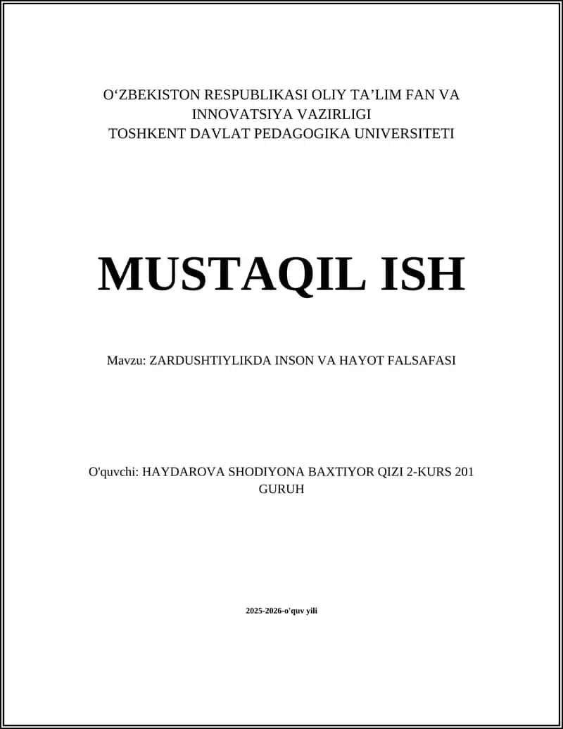 ZARDUSHTIYLIKDA INSON VA HAYOT FALSAFASI