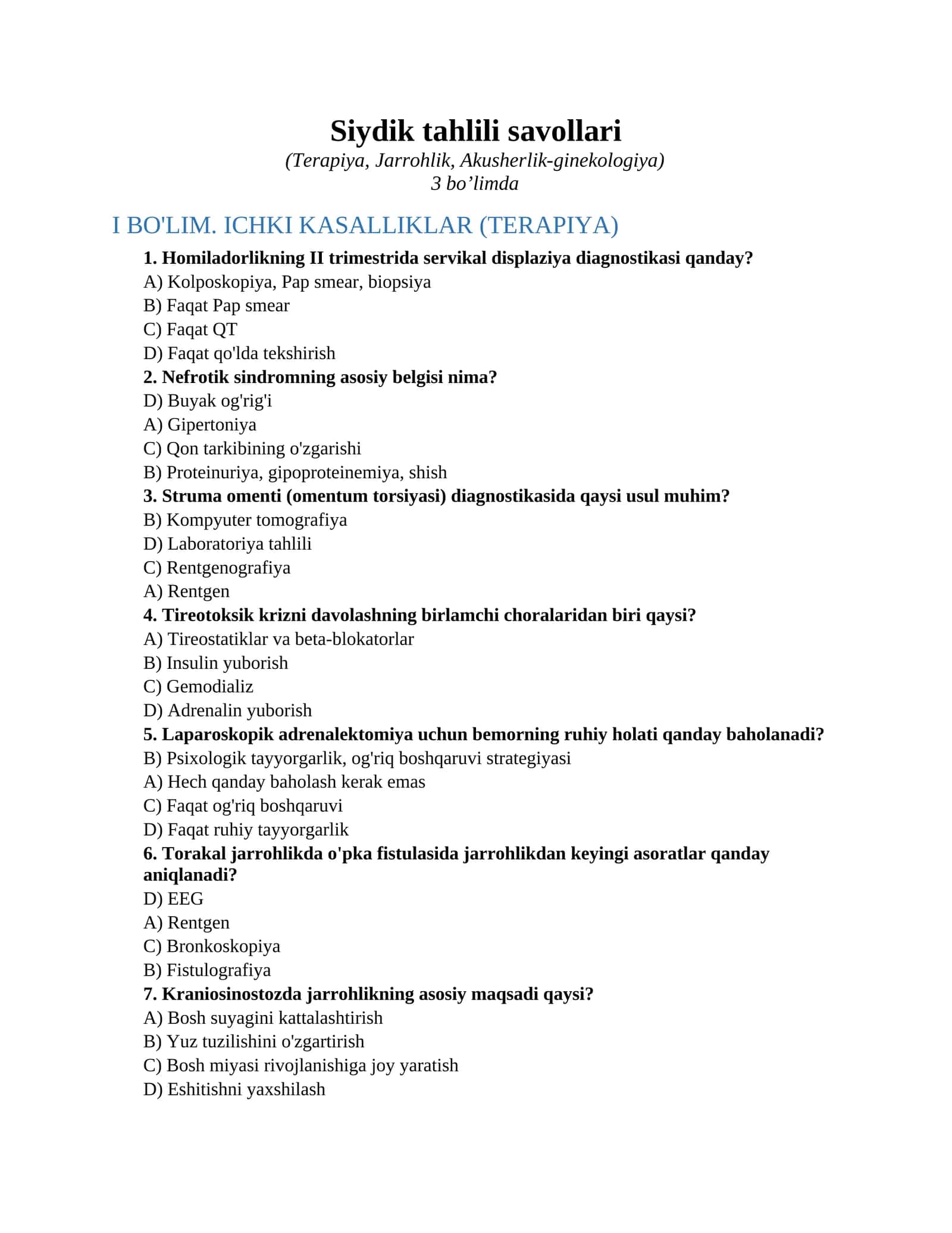 Siydik tahlili savollari