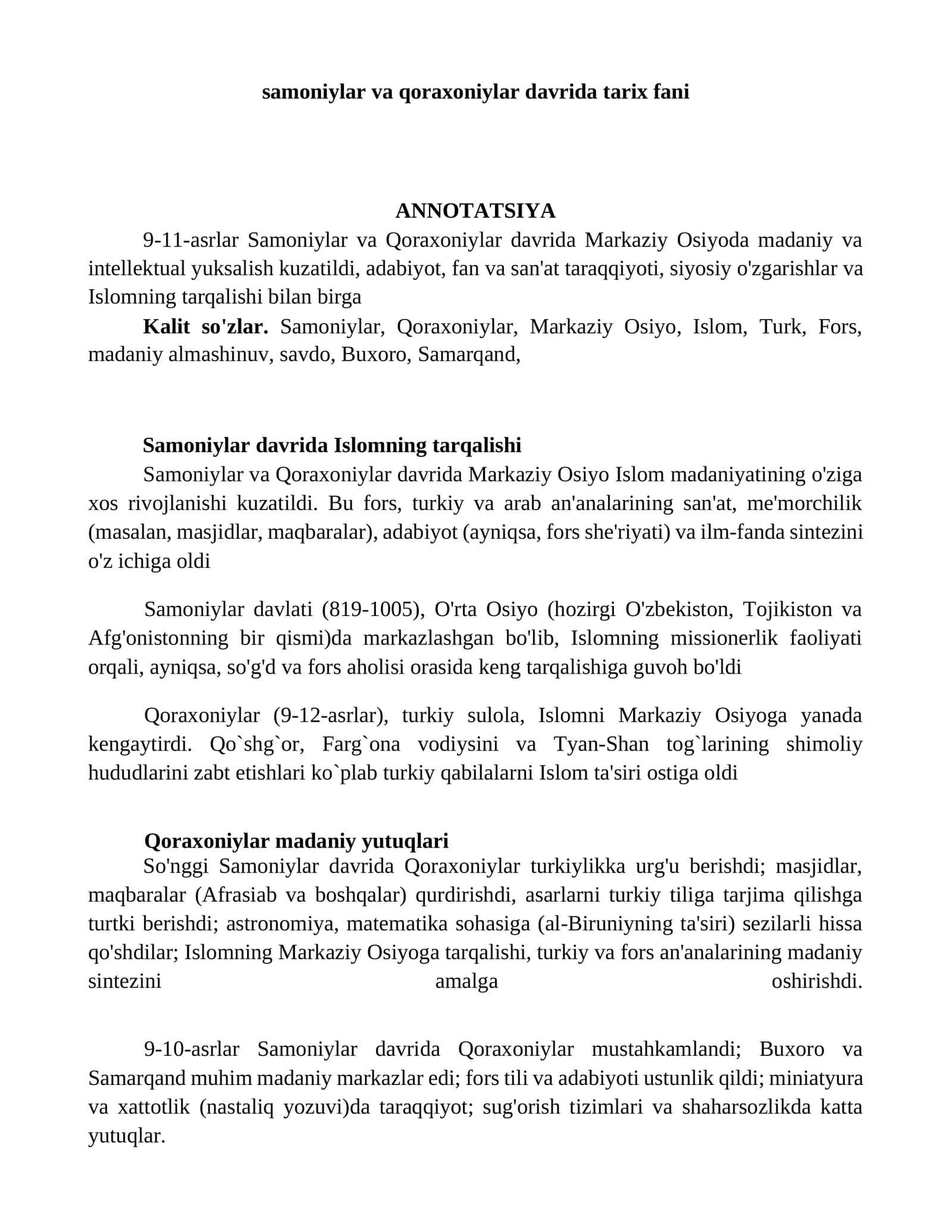 Samoniylar va Qoraxoniylar davrida tarix fani