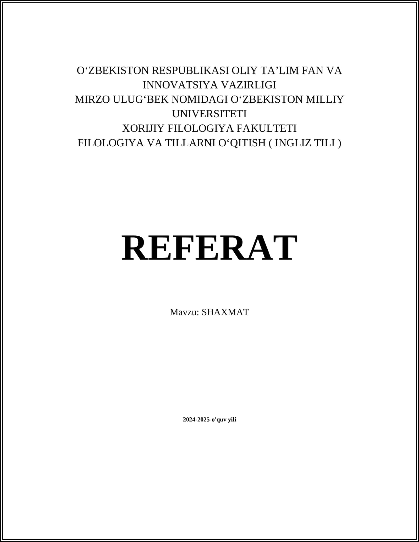 REFERAT Mavzu: SHAXMAT