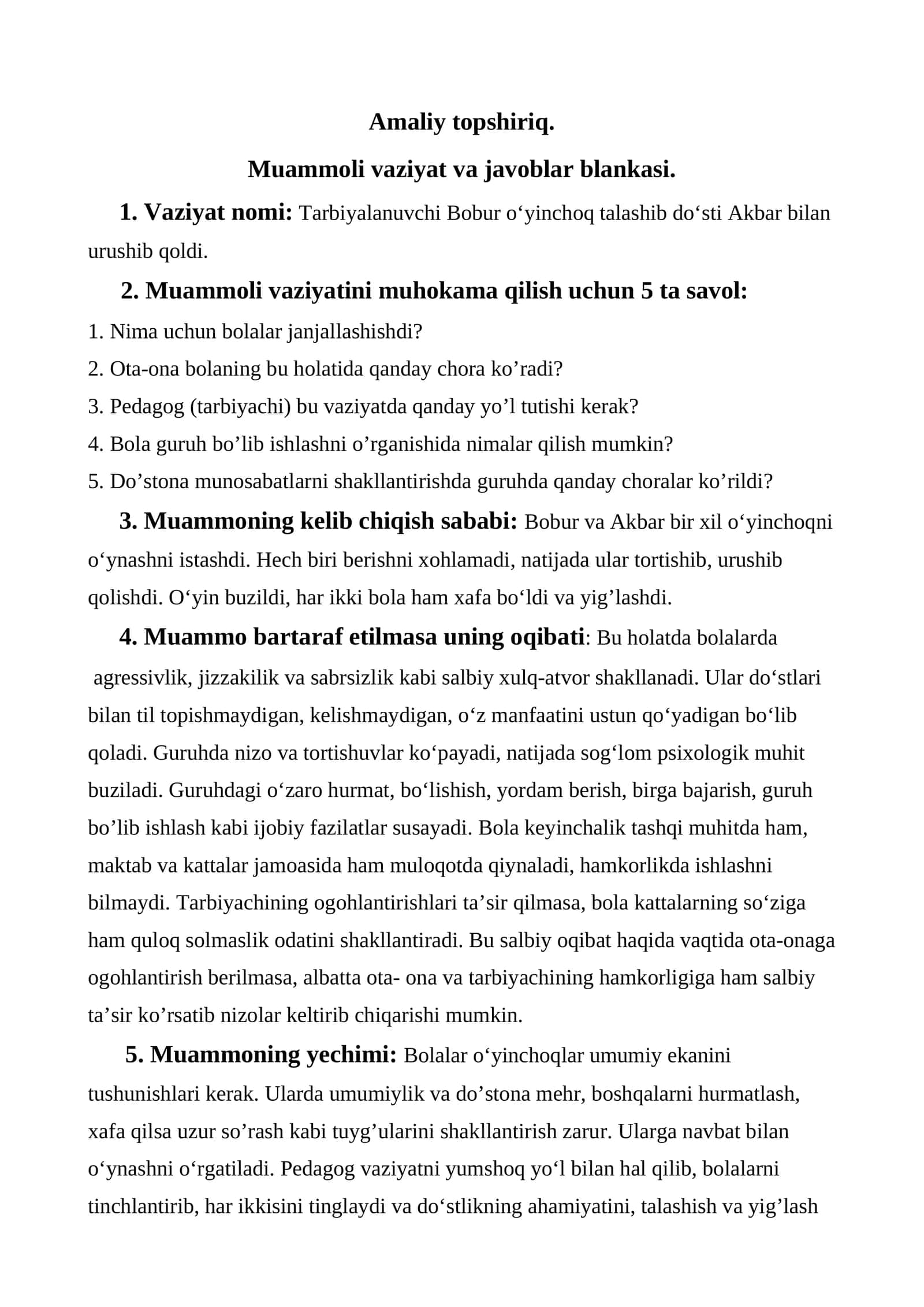 Muammoli vaziyat va javoblar blankasi.