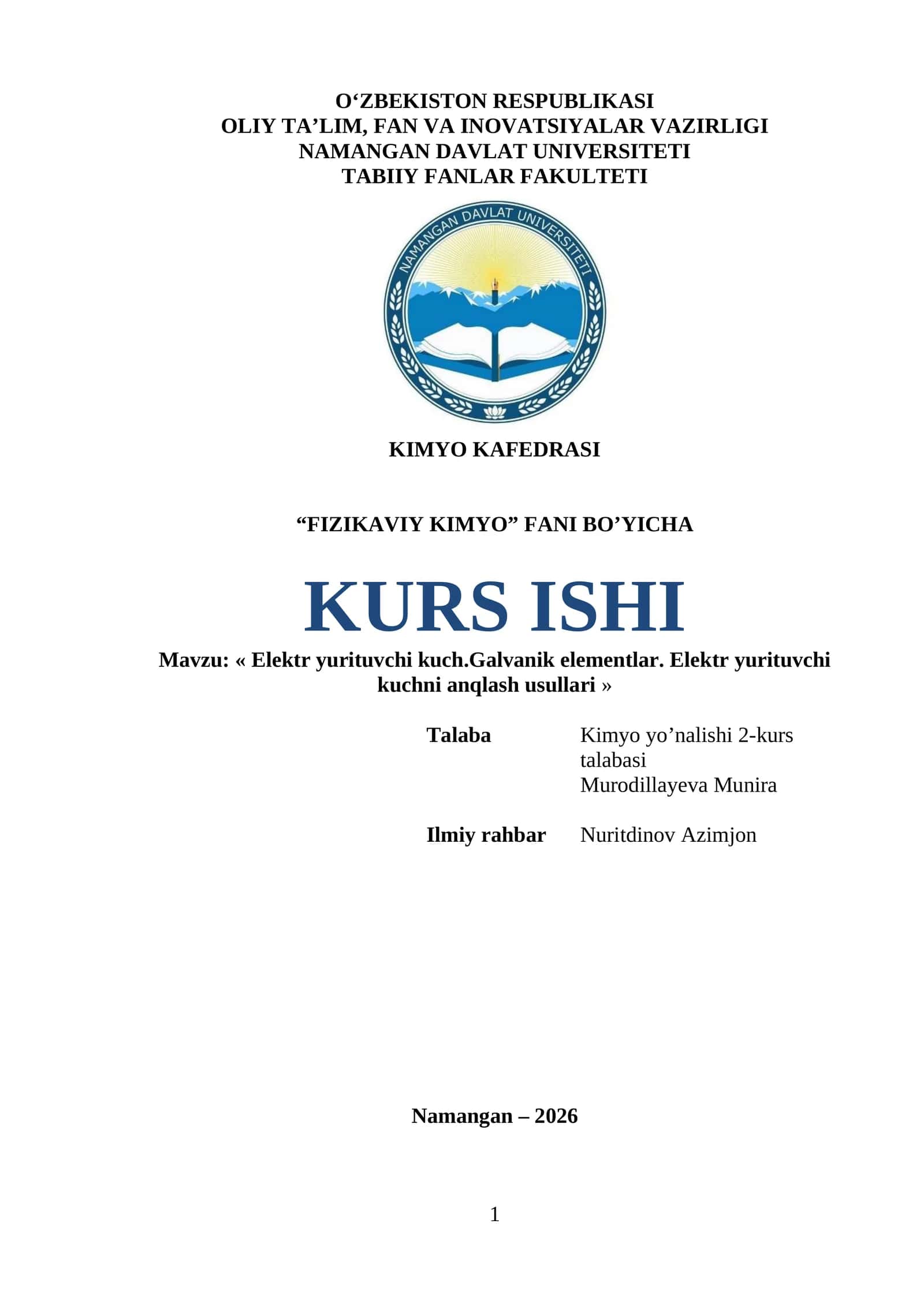 Elektr yurituvchi kuch.Galvanik elementlar. Elektr yurituvchi kuchni anqlash usullari