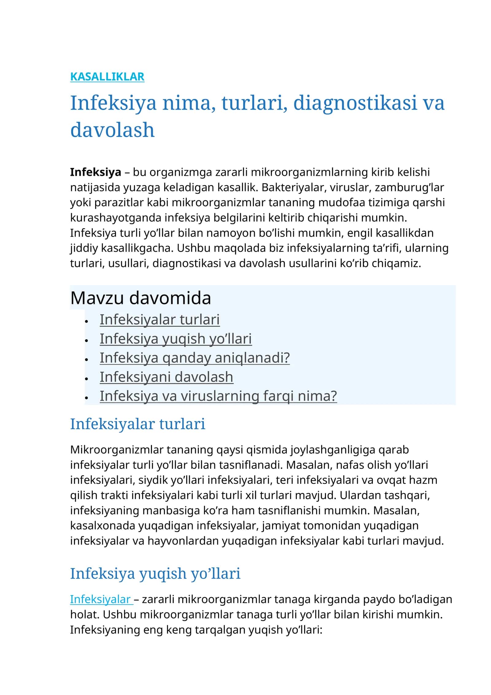 Infeksiya nima, turlari, diagnostikasi va davolash