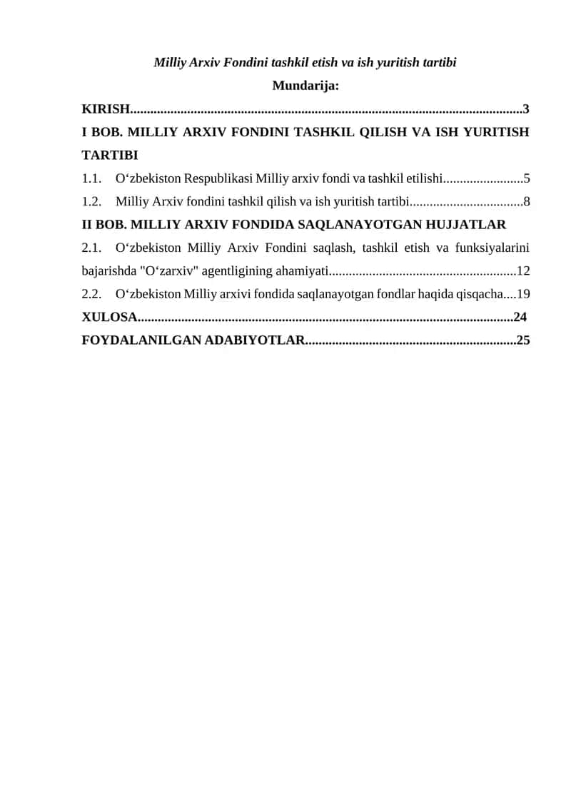 Milliy Arxiv Fondini tashkil etish va ish yuritish tartibi