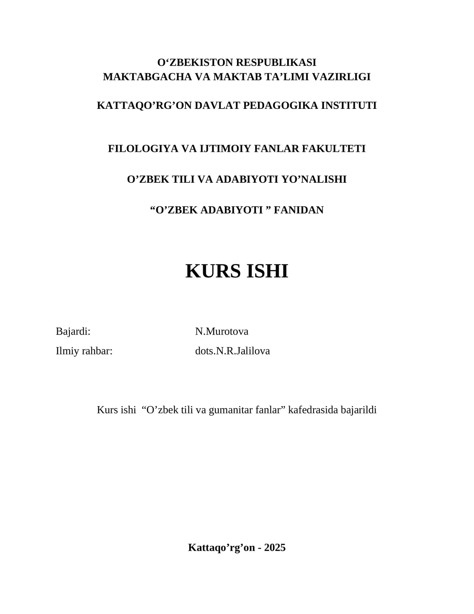O‘ZBEK ADABIYOTI FANIDAN KURS ISHI