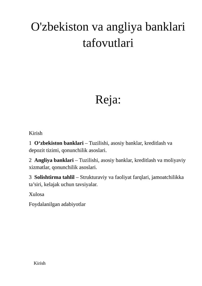O'zbekiston va Angliya banklari tafovutlari