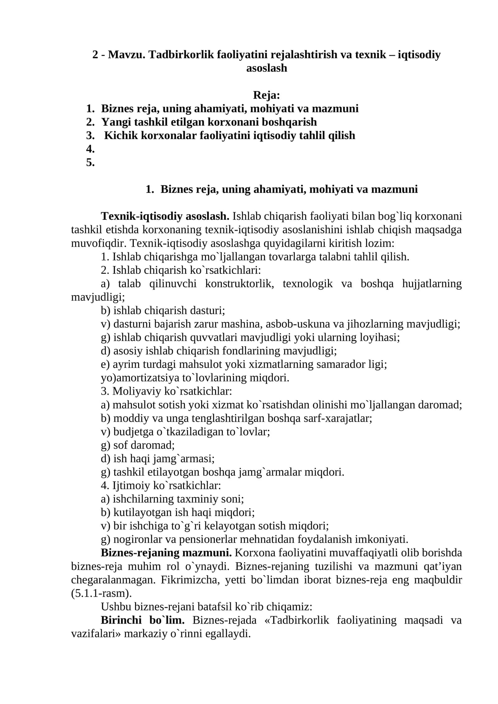 Tadbirkorlik faoliyatini rejalashtirish va texnik – iqtisodiy asoslash
