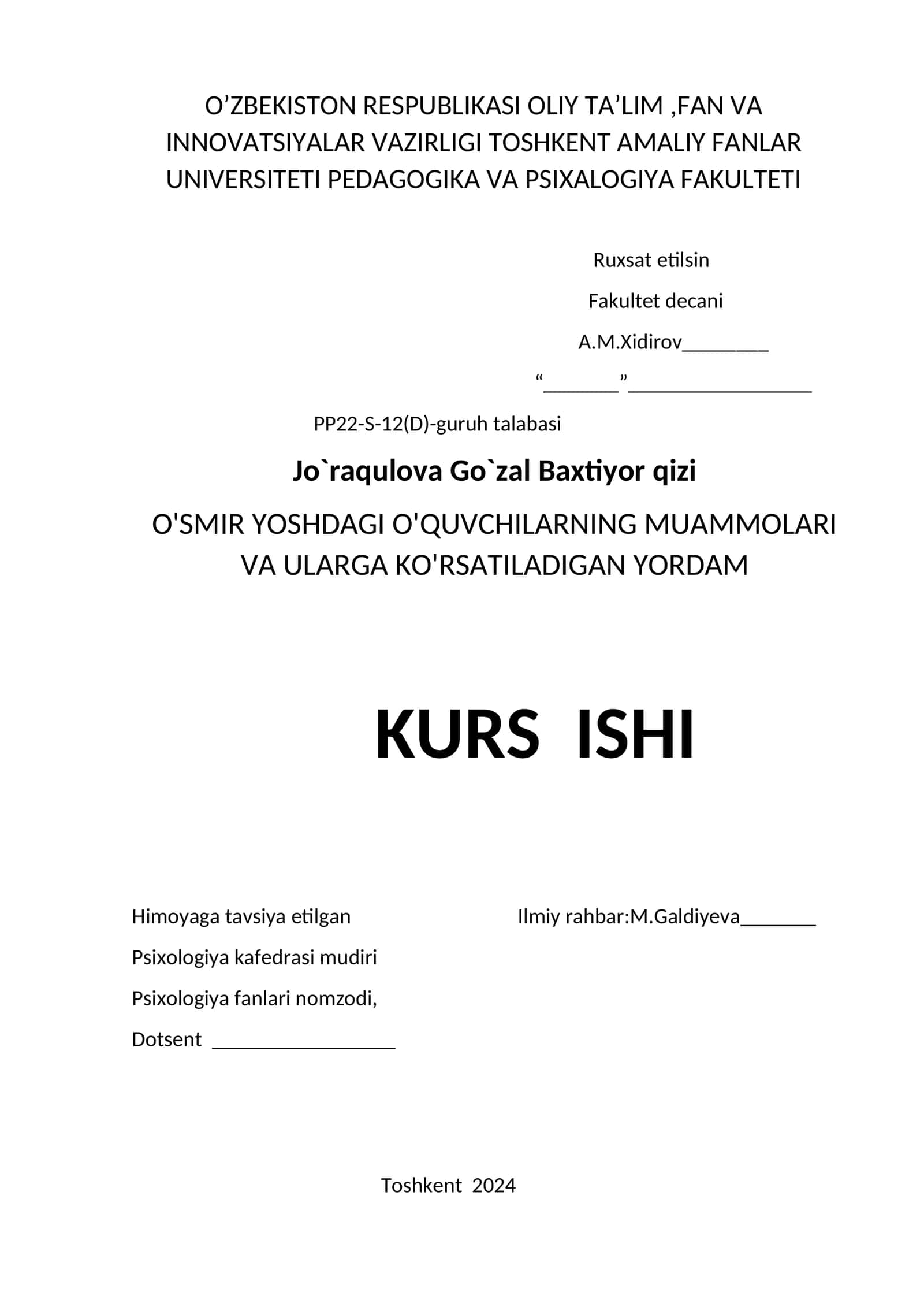 O'SMIR YOSHDAGI O'QUVCHILARNING MUAMMOLARI VA ULARGA KO'RSATILADIGAN YORDAM KURS ISHI