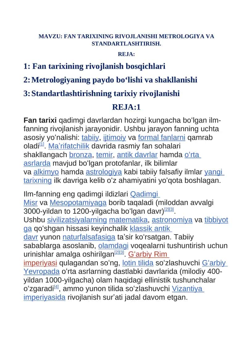Fan Tarixining Rivojlanishi Metrologiya va Standartlashtirish