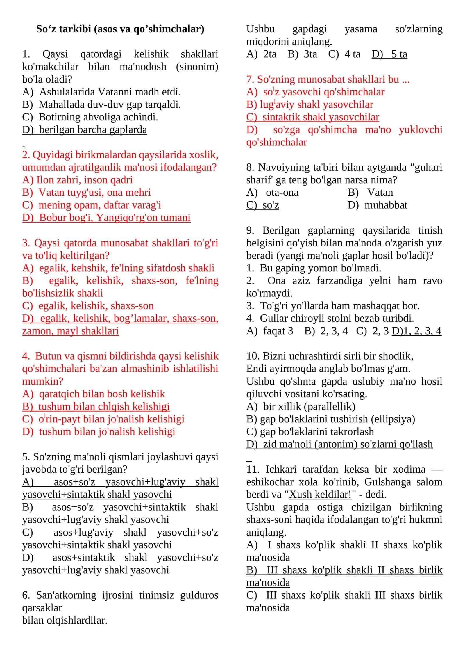 So‘z tarkibi (asos va qo’shimchalar) testlar