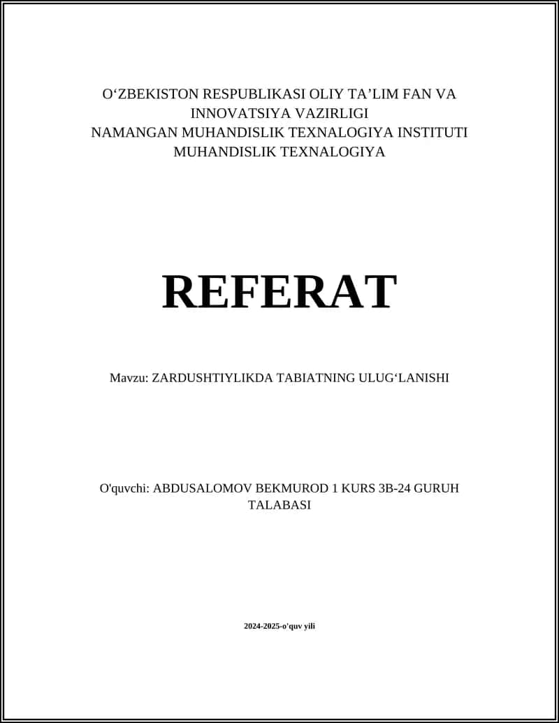 ZARDUSHTIYLIKDA TABIATNING ULUGʻLANISHI