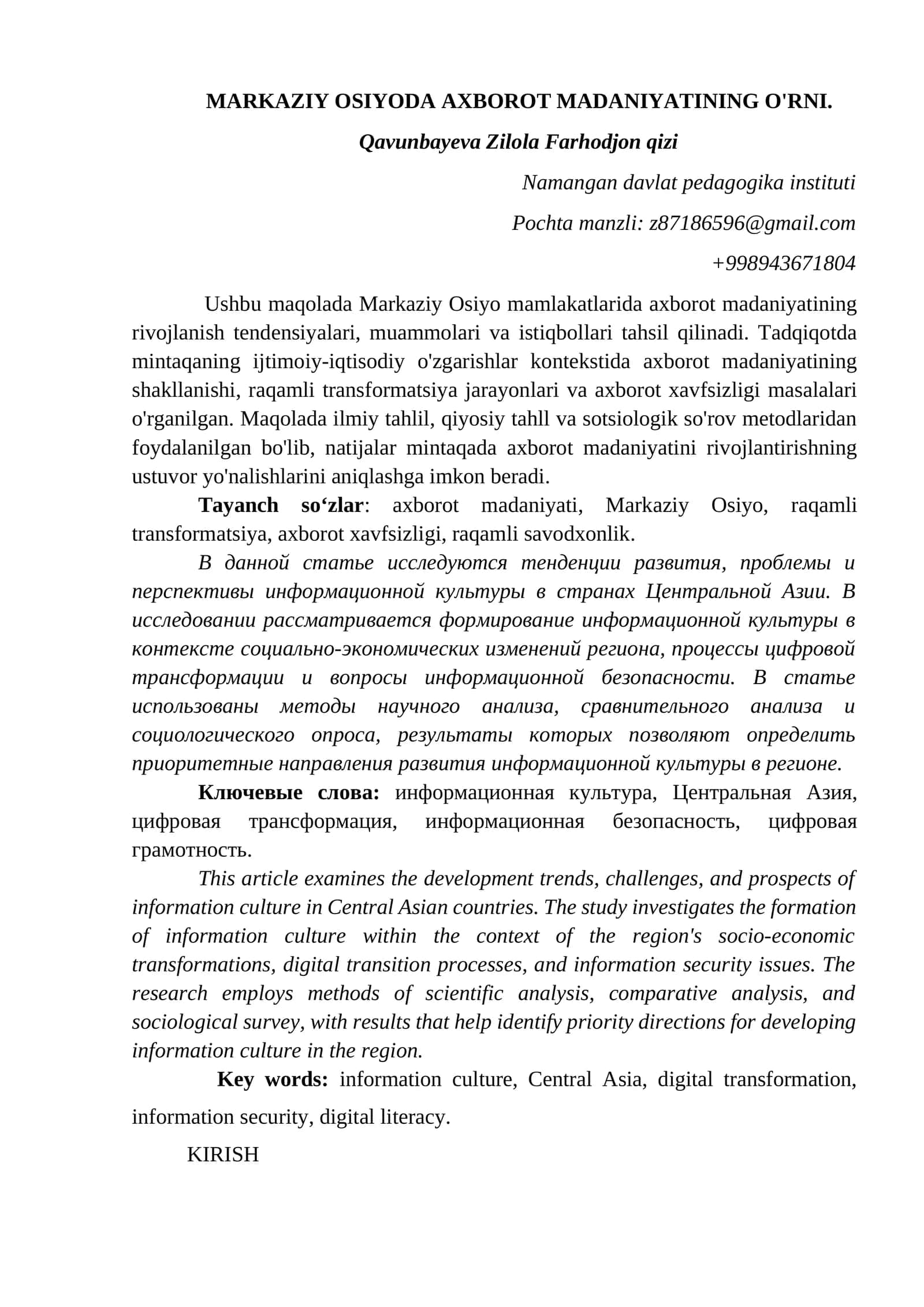 MARKAZIY OSIYODA AXBOROT MADANIYATINING O'RNI