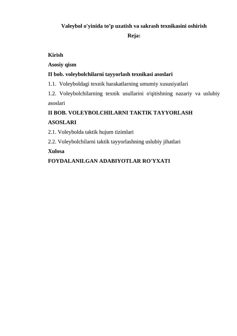 Voleybol o'yinida to’p uzatish va sakrash texnikasini oshirish