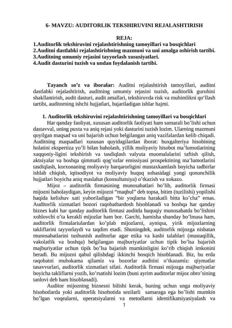 Auditorlik tekshiruvini rejalashtirish