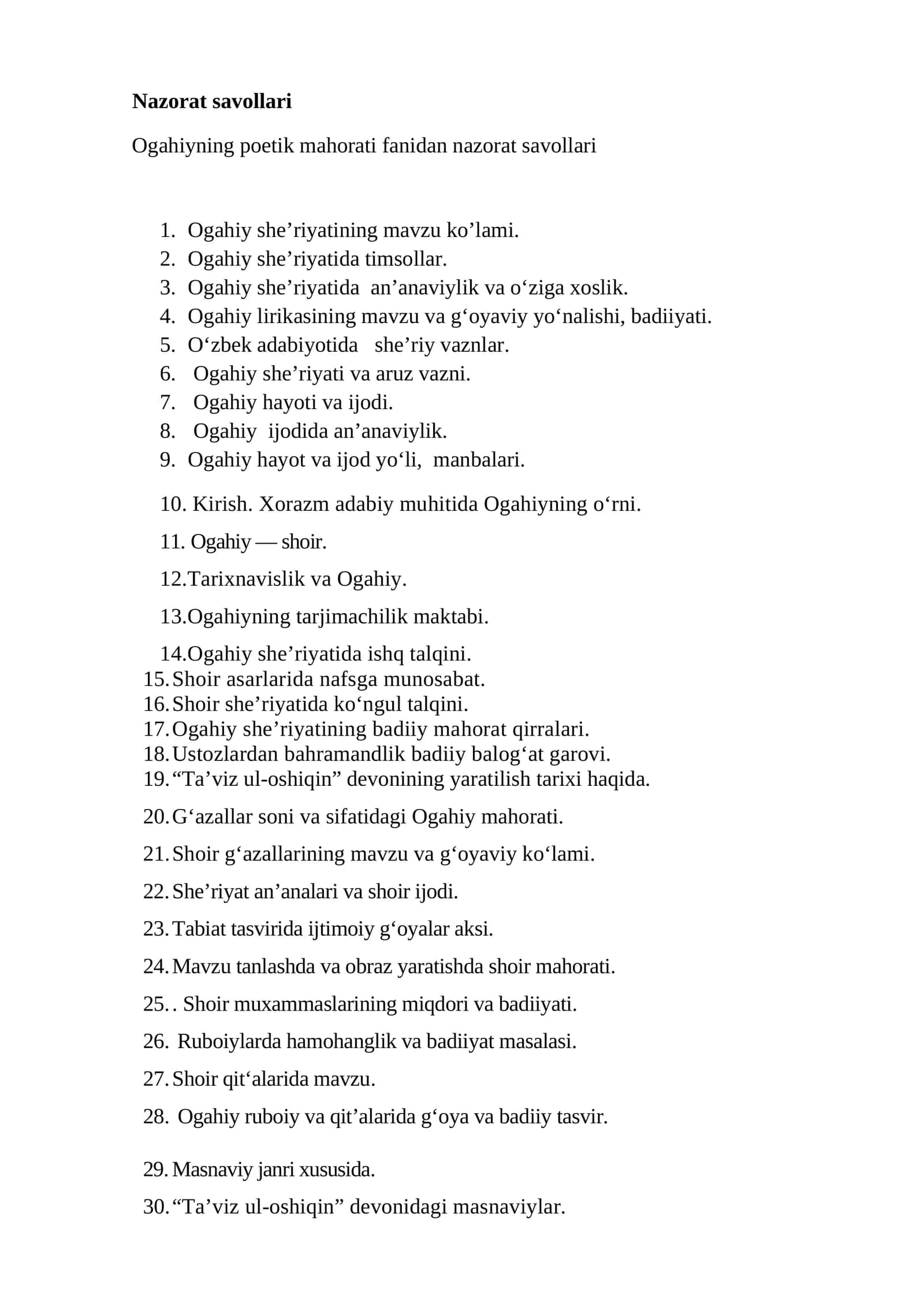 Ogahiyning poetik mahorati fanidan nazorat savollari