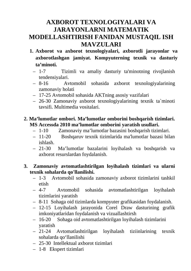Axborot texnologiyalari va jarayonlarni matematik modellashtirish fanidan mustaqil ish mavzulari