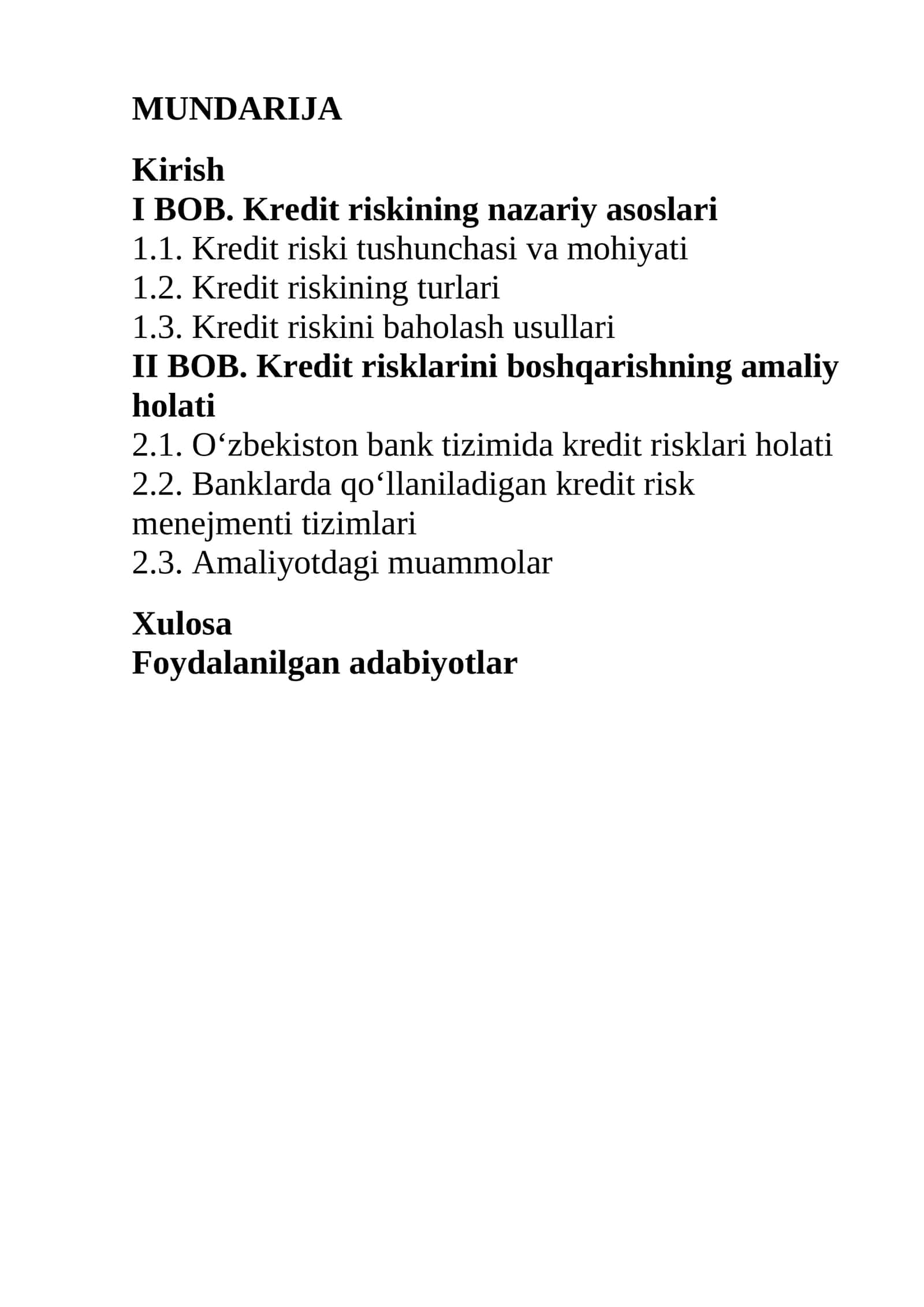 Kredit risklarini boshqarishning amaliy holati