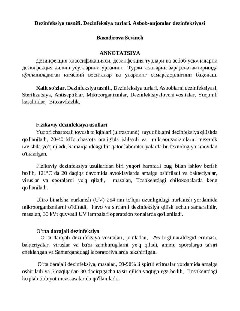 Dezinfeksiya tasnifi