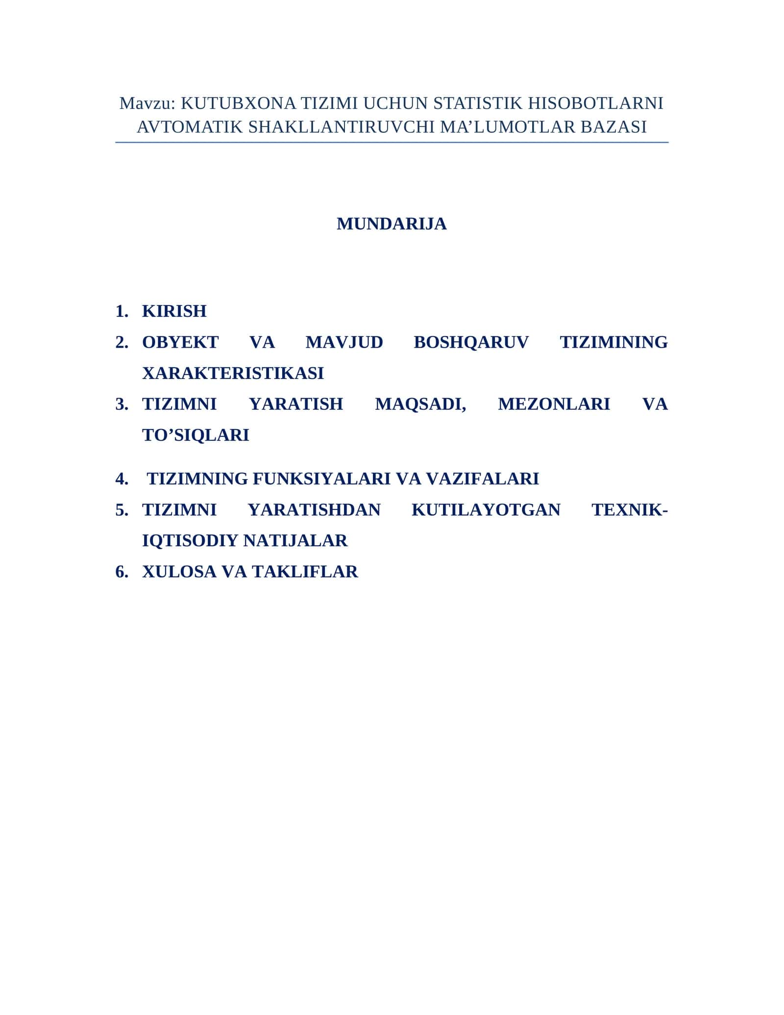 KUTUBXONA TIZIMI UCHUN STATISTIK HISOBOTLARNI AVTOMATIK SHAKLLANTIRUVCHI MA’LUMOTLAR BAZASI