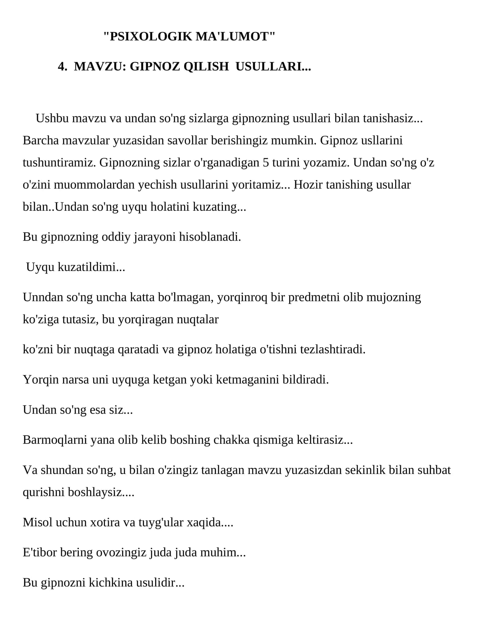 GIPNOZ QILISH USULLARI