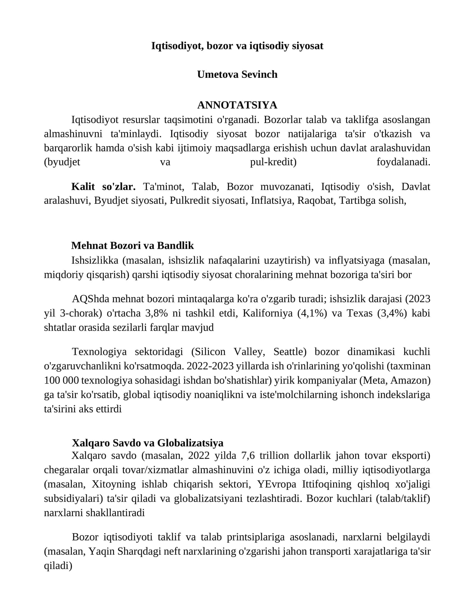 Bozorlar va Iqtisodiy Siyosat