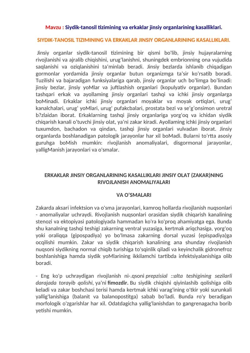 Siydik-tanosil tizimining va erkaklar jinsiy organlarining kasalliklari