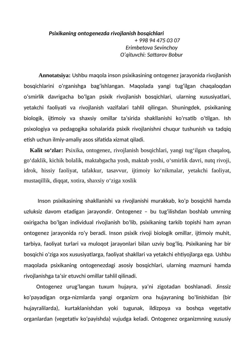 Psixikaning ontogenezda rivojlanish bosqichlari