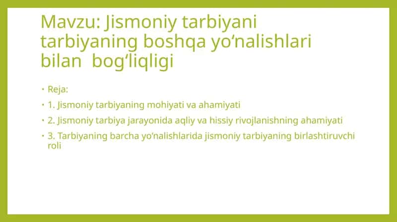 Jismoniy tarbiyaning boshqayo‘nalishlari bilan bog‘liqligi