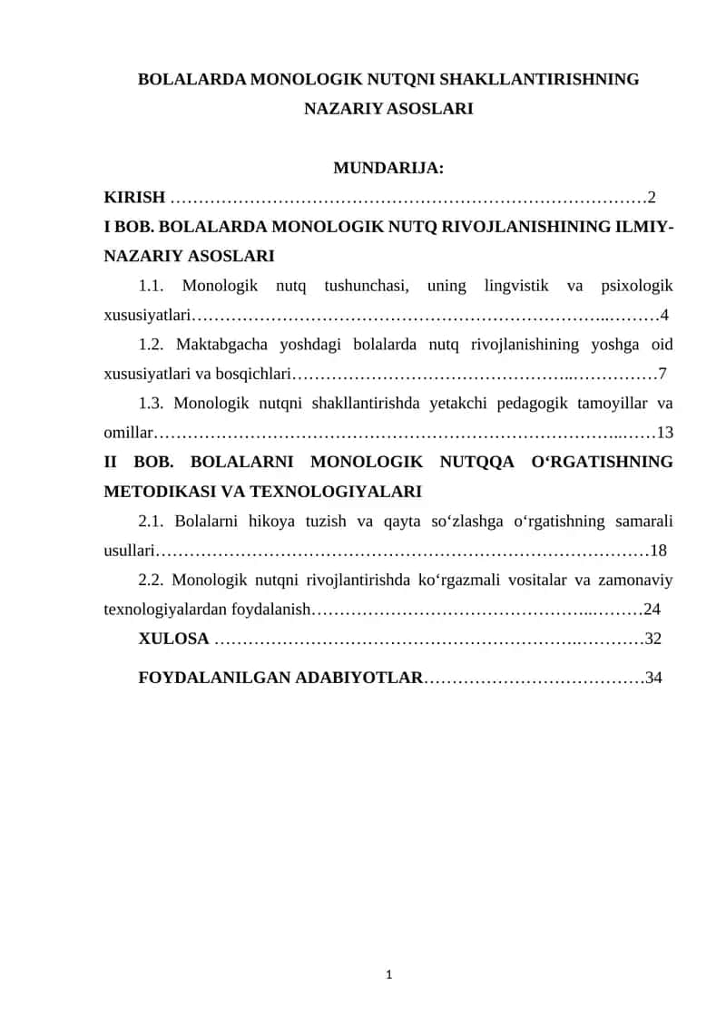 BOLALARDA MONOLOGIK NUTQNI SHAKLLANTIRISHNING NAZARIY ASOSLARI