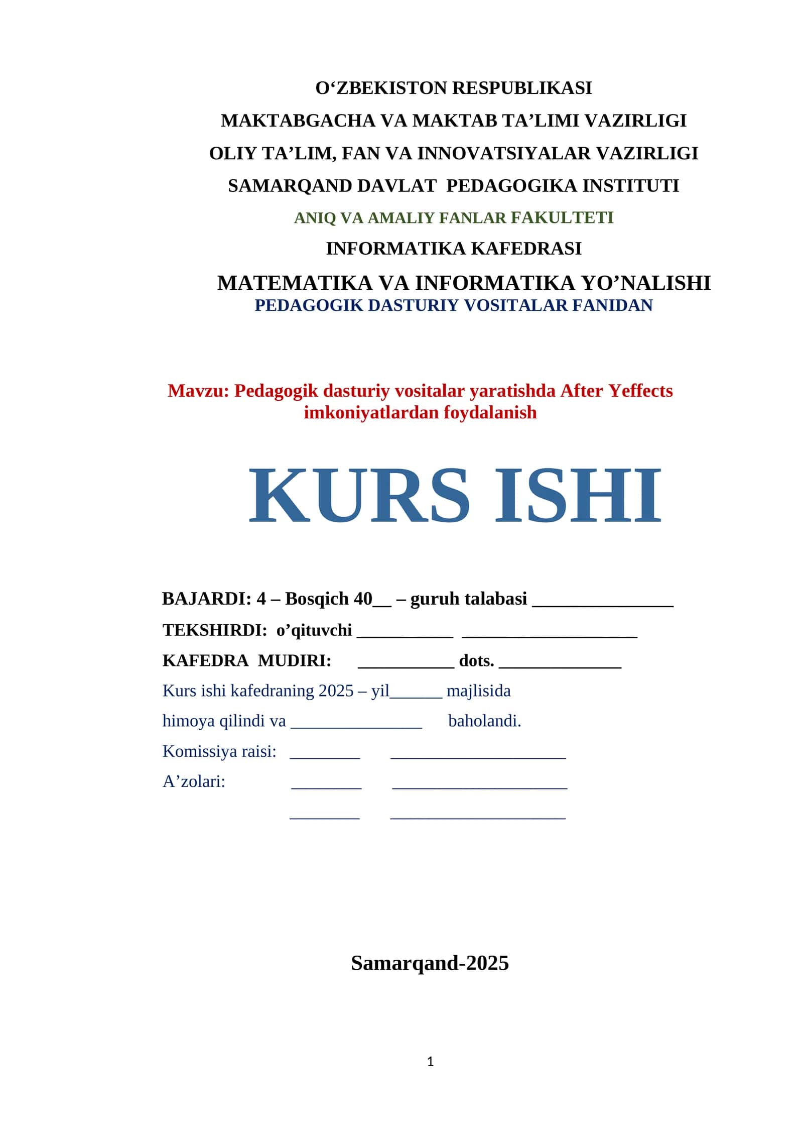 Pedagogik dasturiy vositalar yaratishda After Yeffects imkoniyatlardan foydalanish