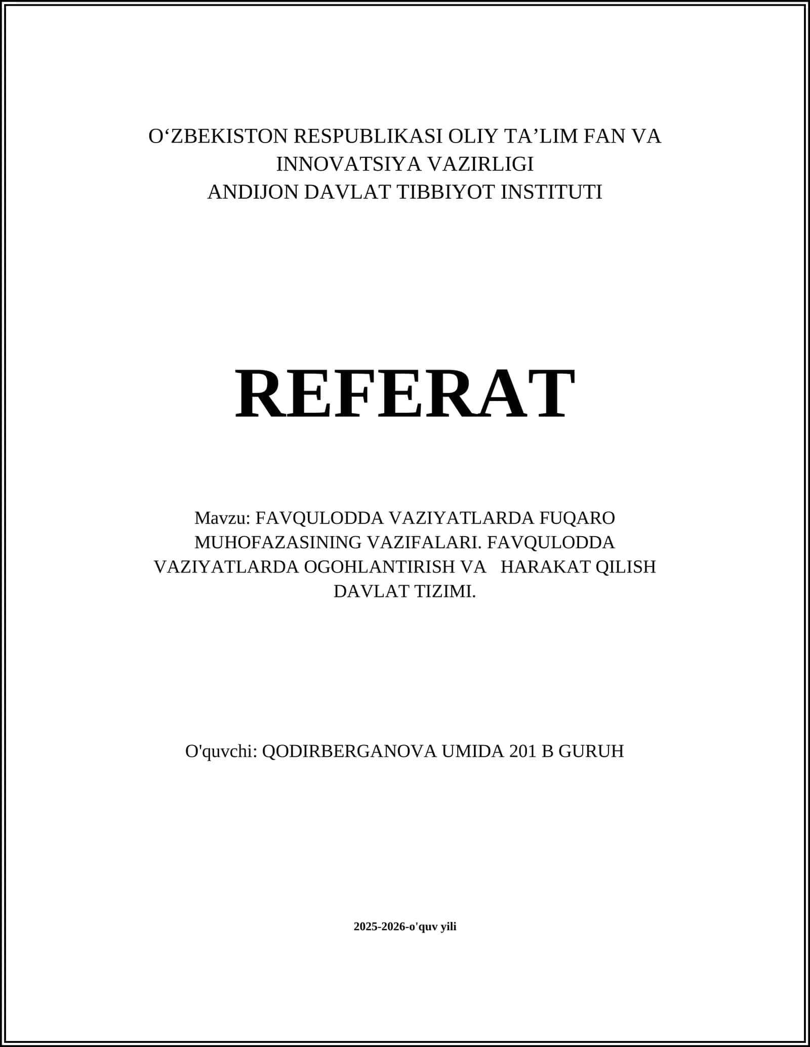 FAVQULODDA VAZIYATLARDA FUQARO MUHOFAZASINING VAZIFALARI