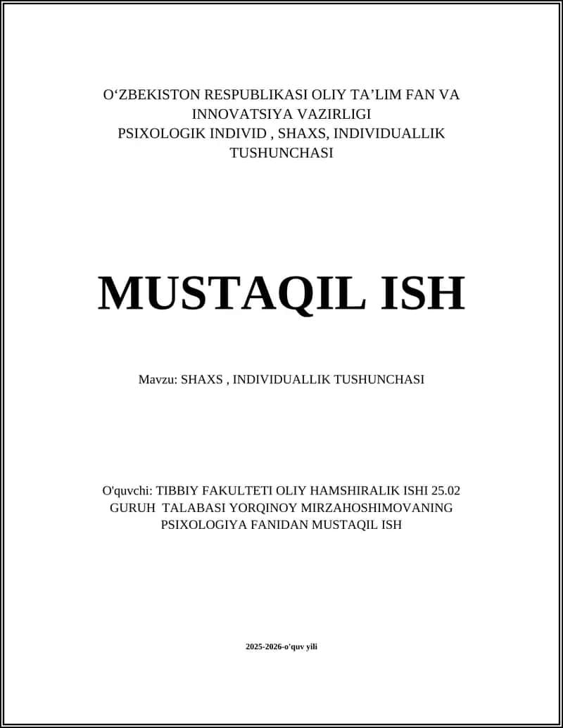 SHAXS, INDIVIDUALLIK TUSHUNCHASI