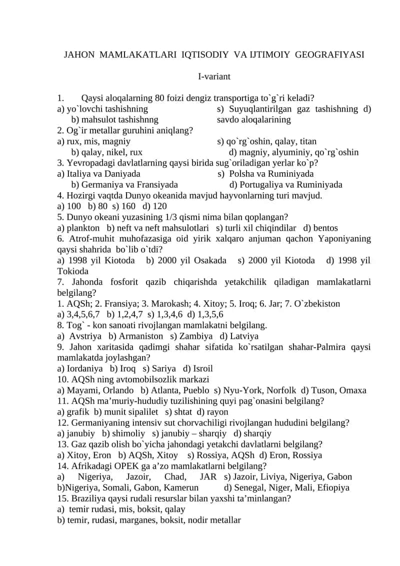 JAHON MAMLAKATLARI IQTISODIY VA IJTIMOIY GEOGRAFIYASI 3-variant da