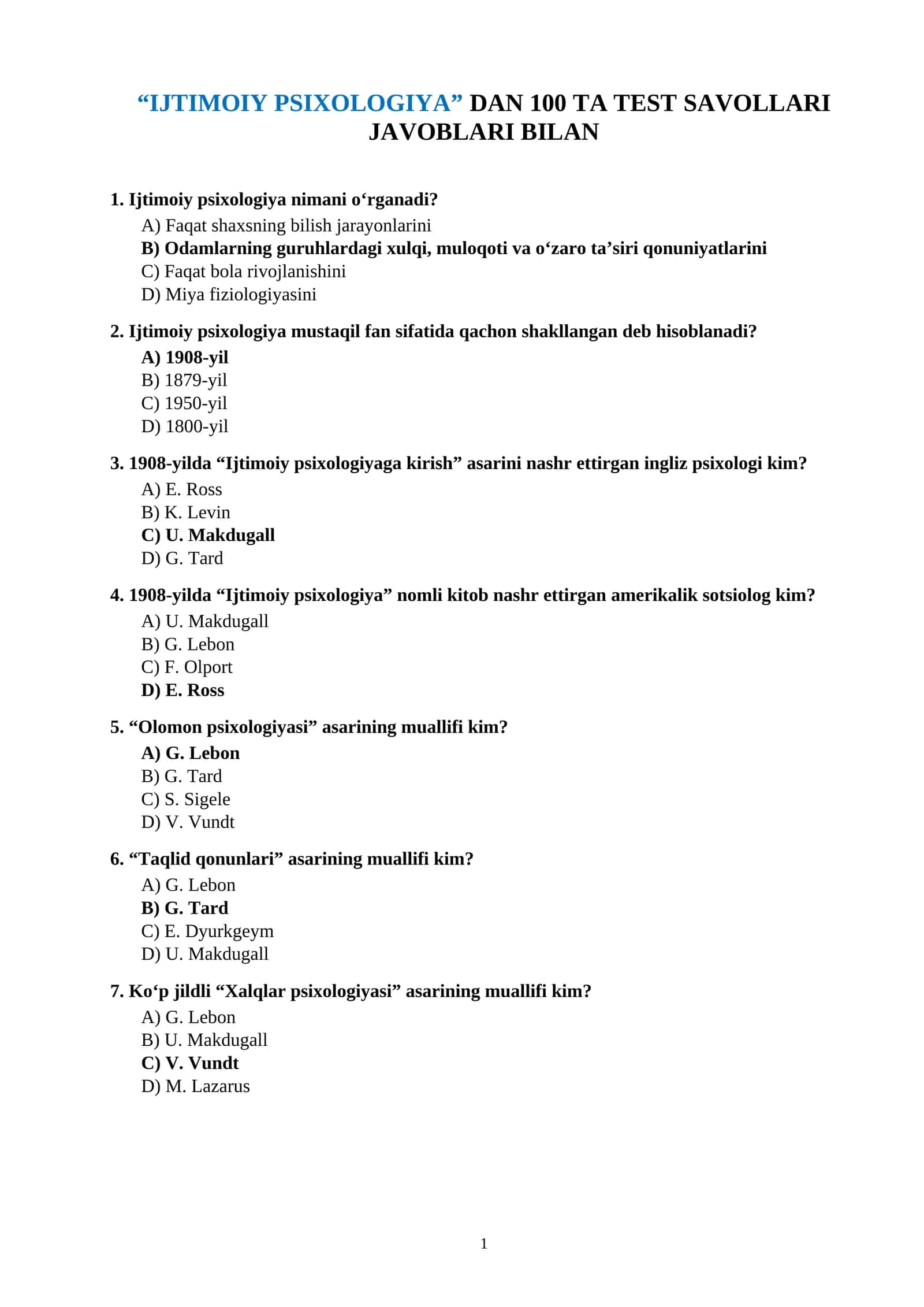 Ijtimoiy Psixologiya Test Savollari