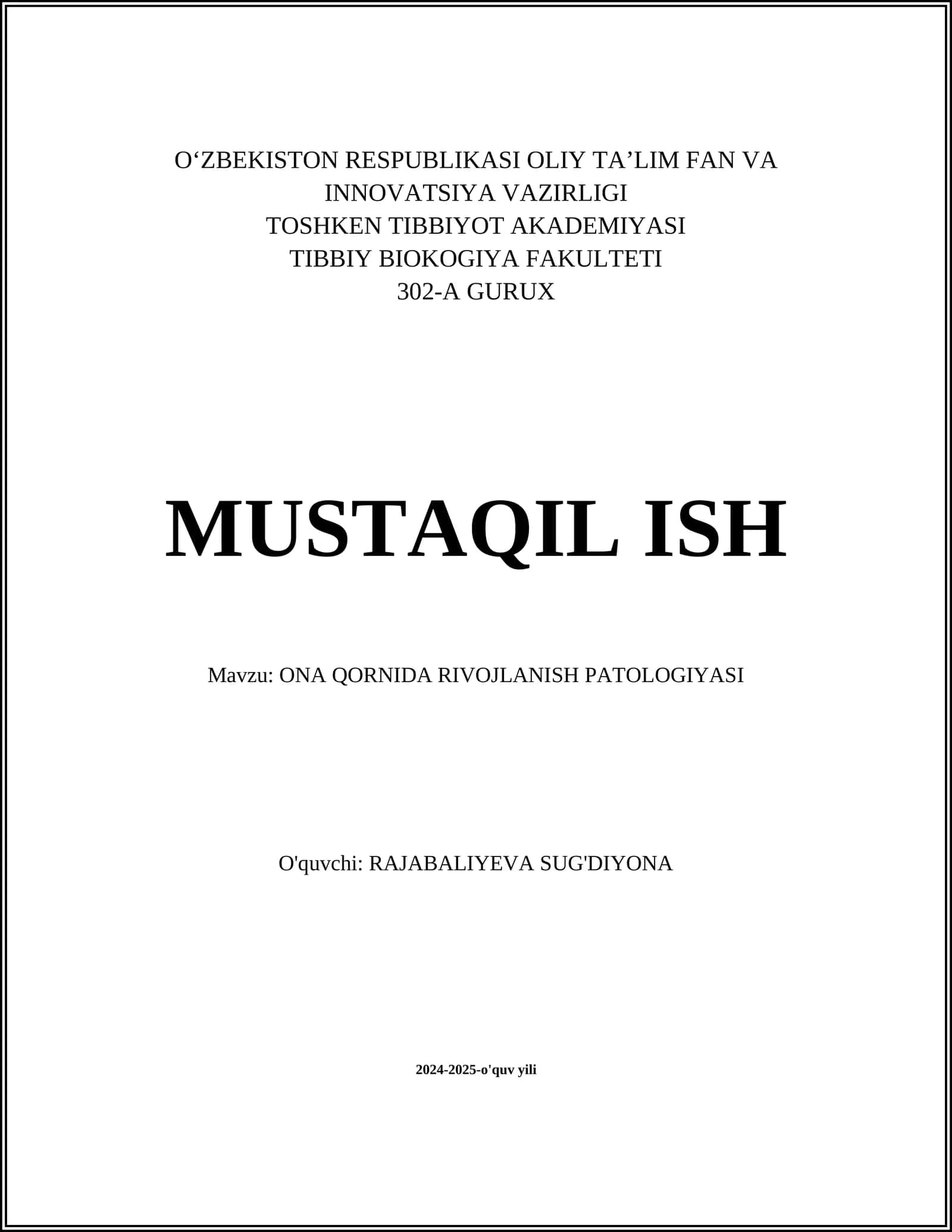 ONA QORNIDA RIVOJLANISH PATOLOGIYASI